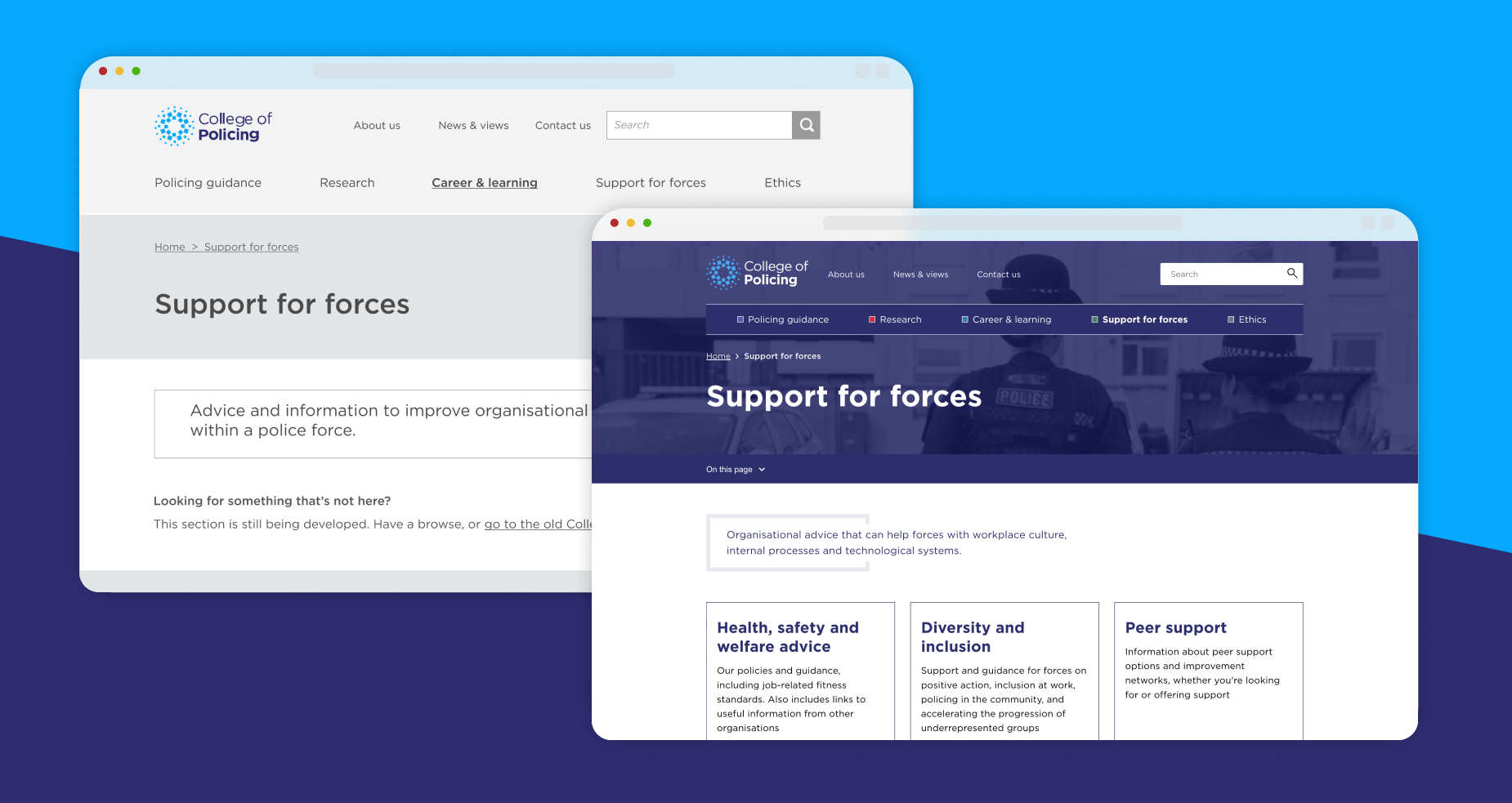 Screenshots of the "Support for Forces" page from the College of Policing website.