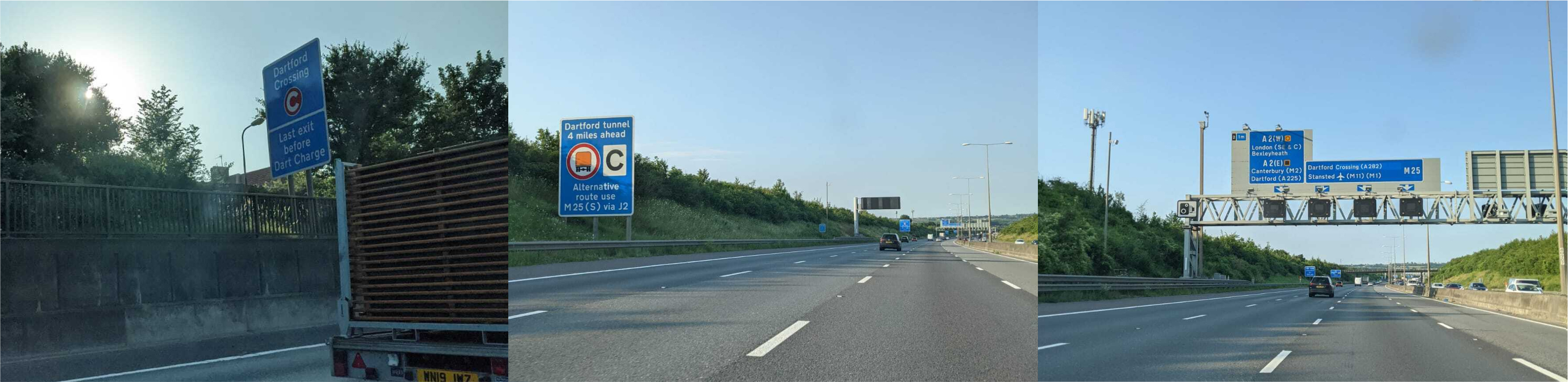 Various views that drivers see on the road when approaching the Dartford Crossing, with signs to remind them that the crossing is coming up.